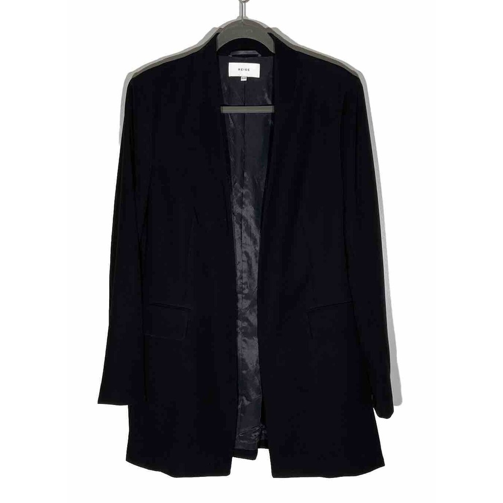 Reiss Open Blazer Long Line Jacket Size 10 Black Lined Career Office Dressy